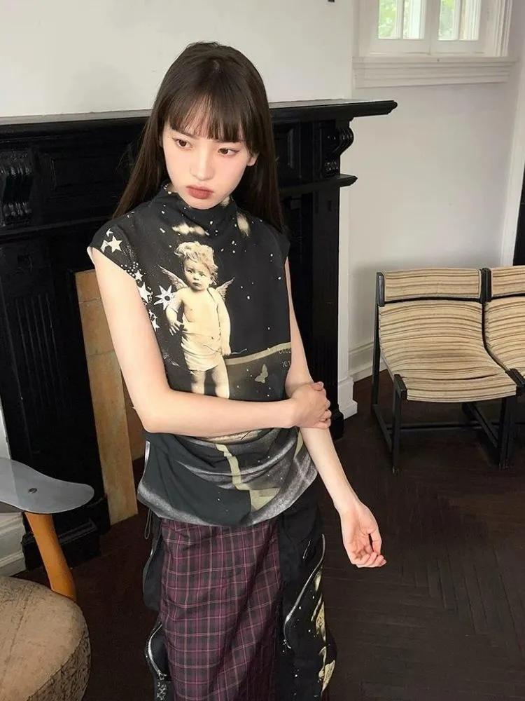 Angel Print Sleeveless Casual Tops【s0000003004】