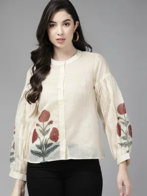 Beige & Maroon Floral Printed Shirt Style Top