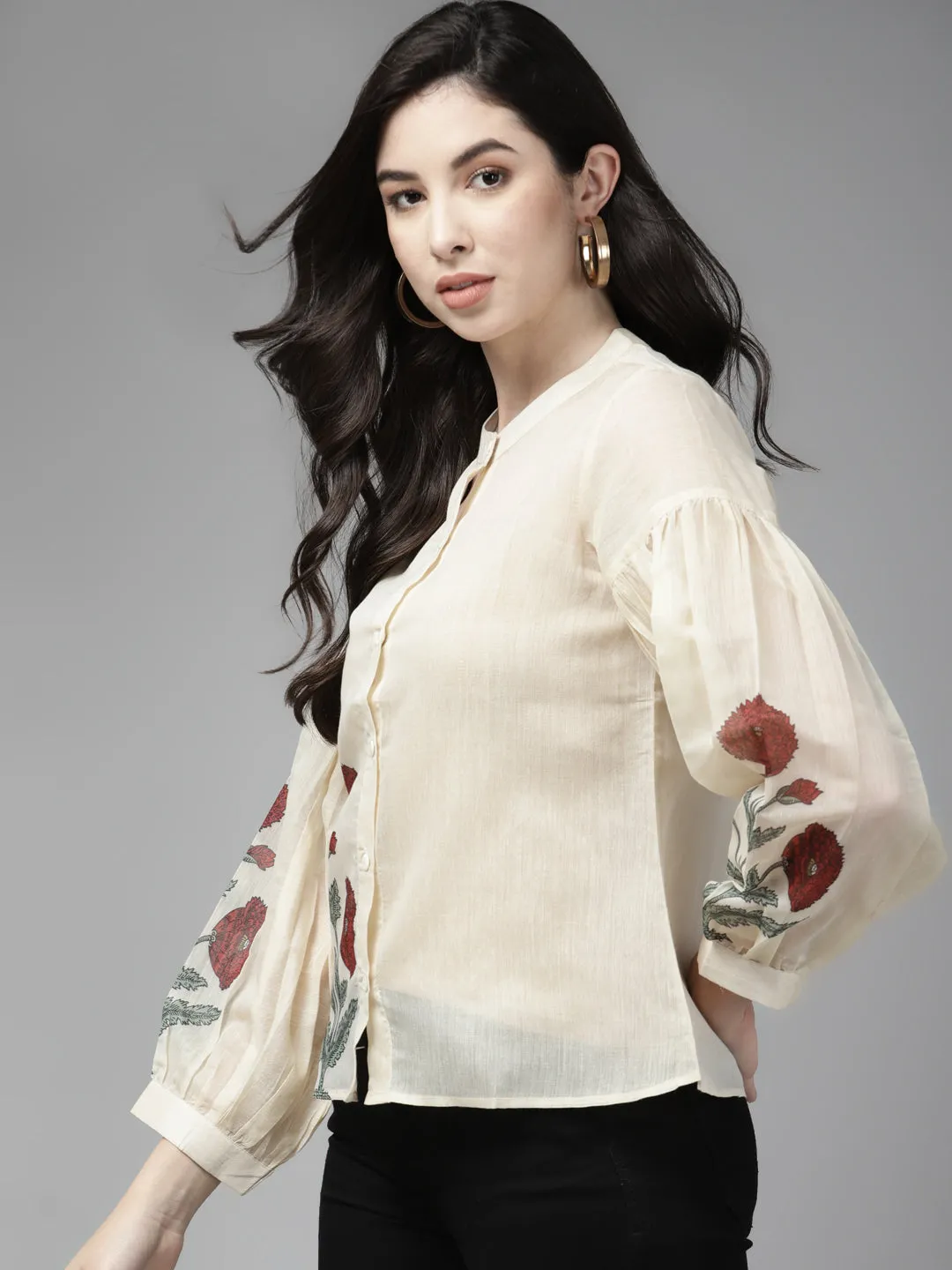 Beige & Maroon Floral Printed Shirt Style Top
