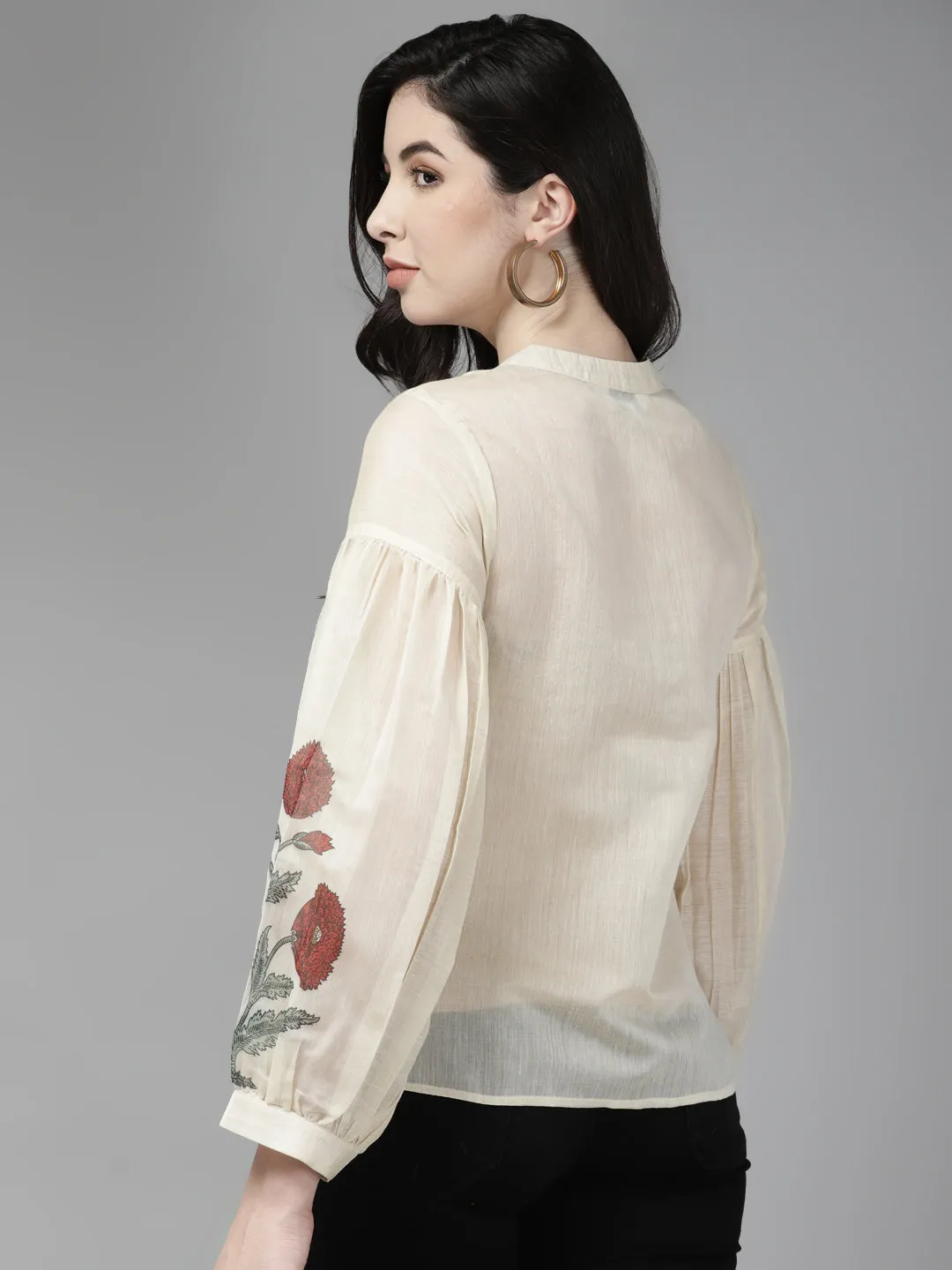 Beige & Maroon Floral Printed Shirt Style Top