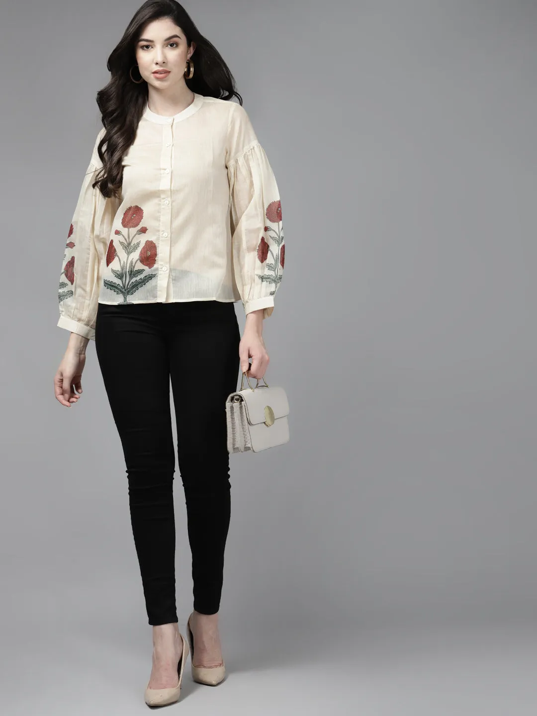 Beige & Maroon Floral Printed Shirt Style Top