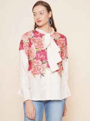 Beige Floral Printed Shirt Style Top