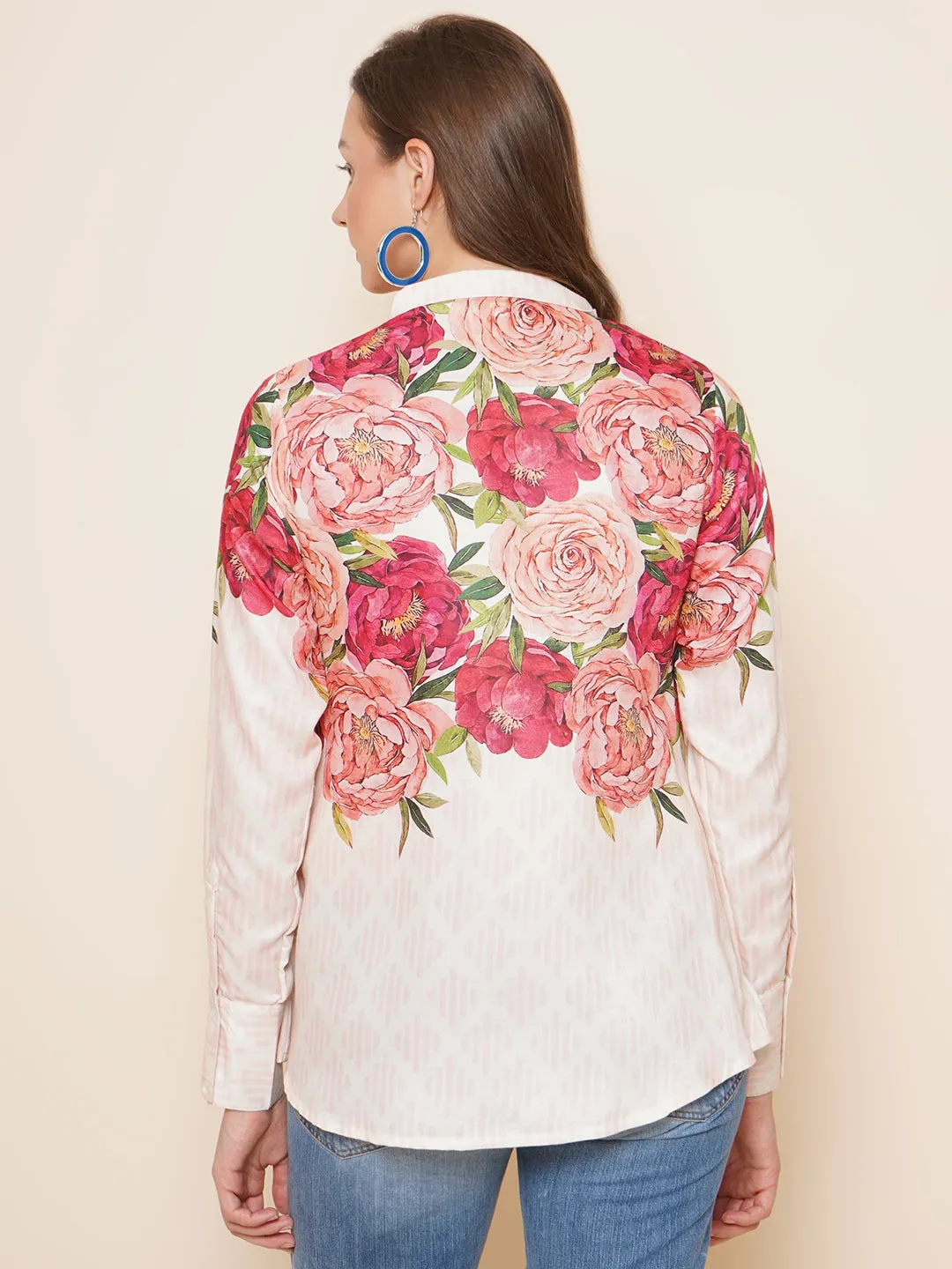 Beige Floral Printed Shirt Style Top