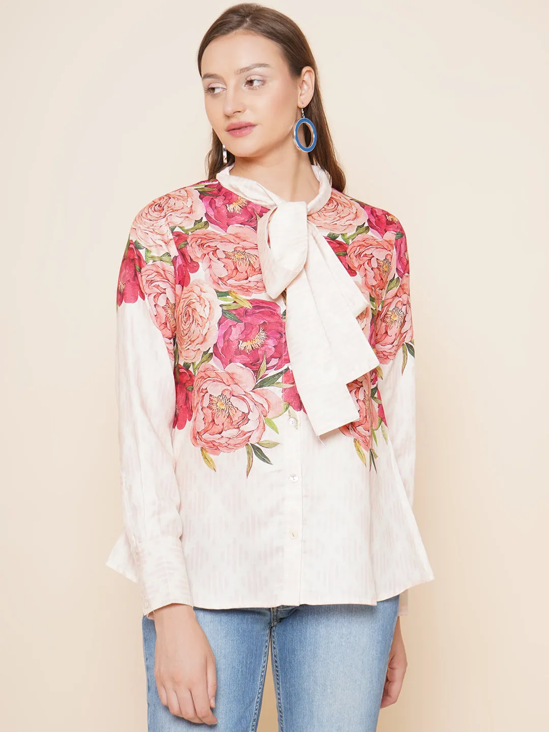 Beige Floral Printed Shirt Style Top