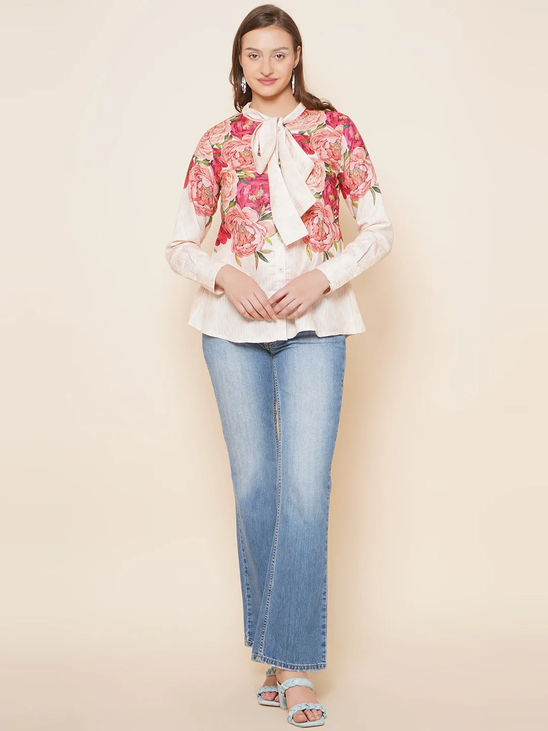Beige Floral Printed Shirt Style Top