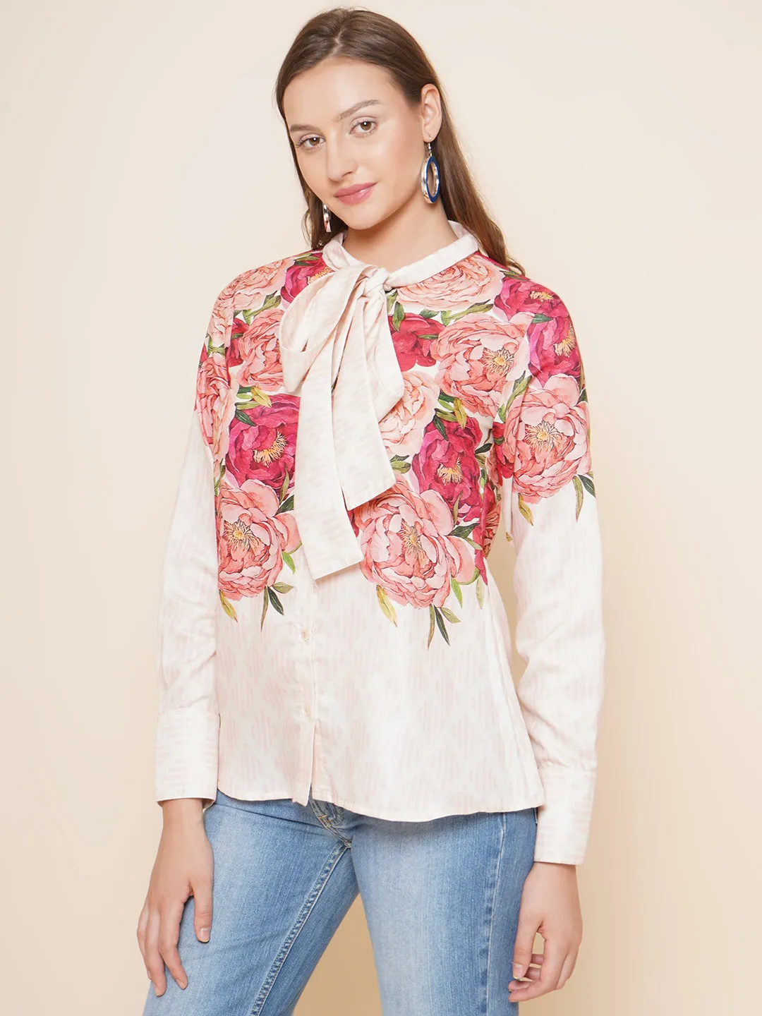 Beige Floral Printed Shirt Style Top
