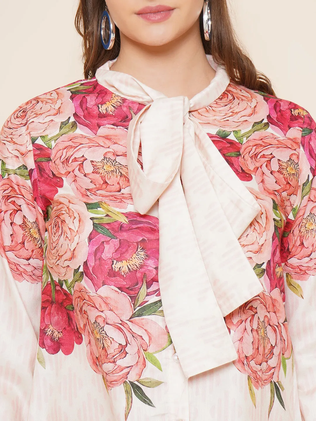 Beige Floral Printed Shirt Style Top