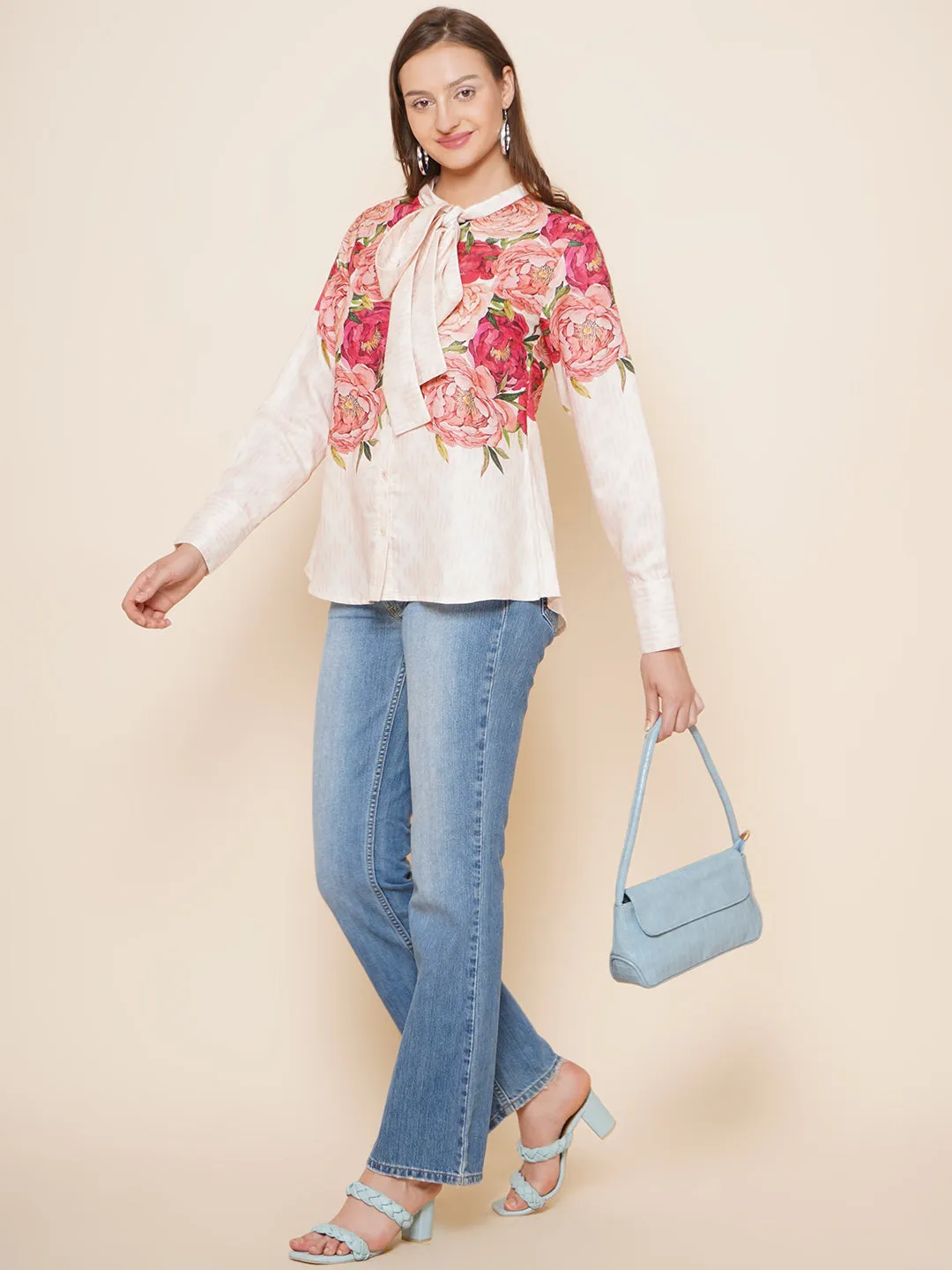 Beige Floral Printed Shirt Style Top