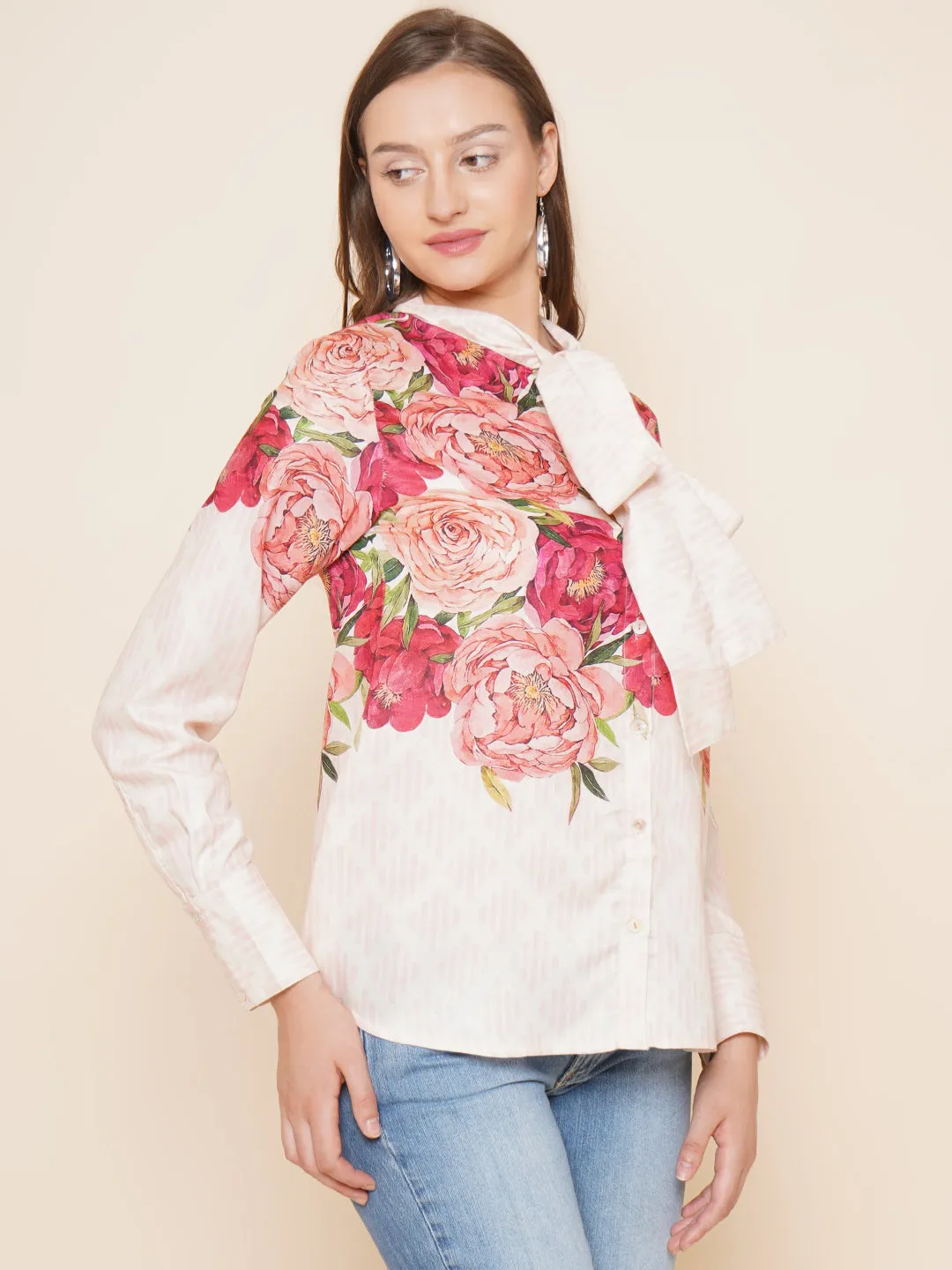 Beige Floral Printed Shirt Style Top
