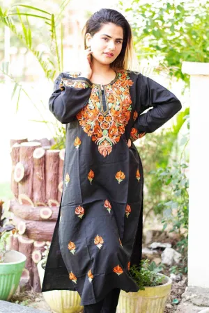 Black Colour Cotton Kurti With Beautiful Aari Embroidery Gives Attractive Look To The Wearer.