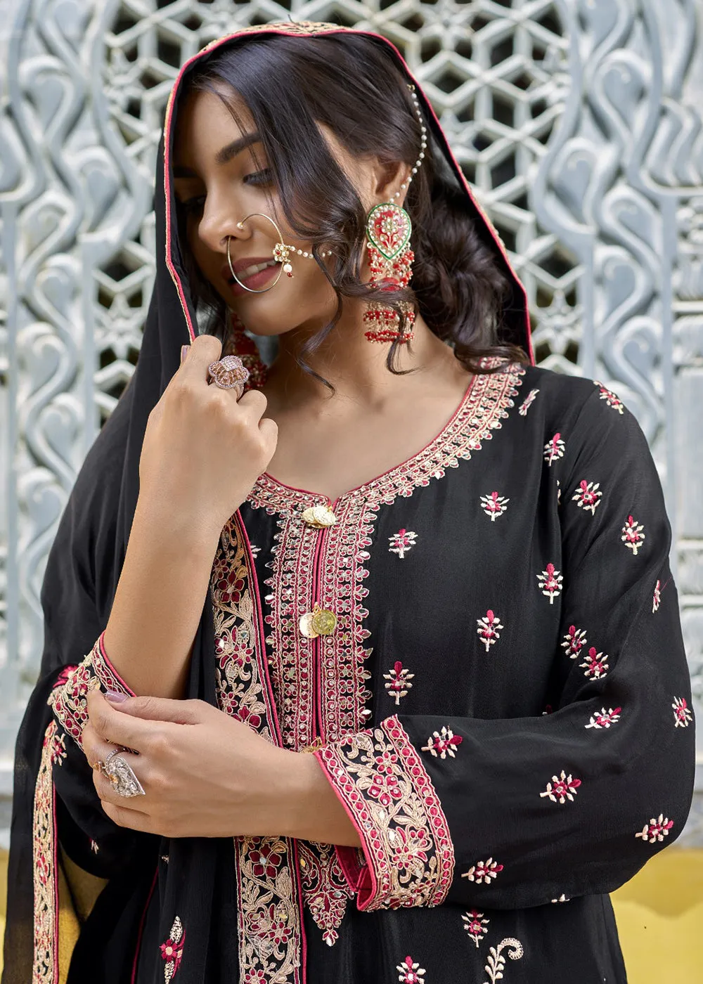 Black Semi Pure Chinnon Wedding Festive Salwar Suit