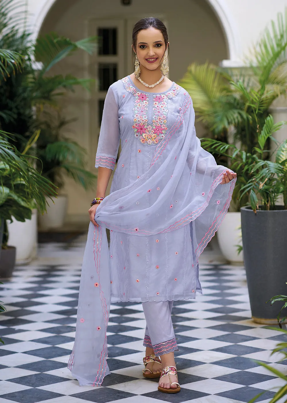 Blue Color Embroidered Organza Pant Style Salwar Suit