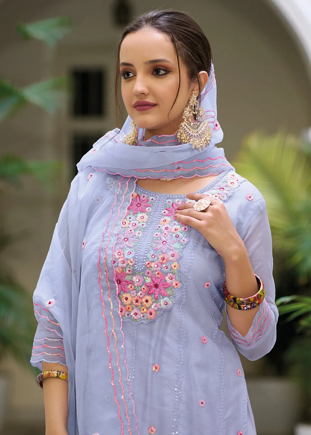 Blue Color Embroidered Organza Pant Style Salwar Suit
