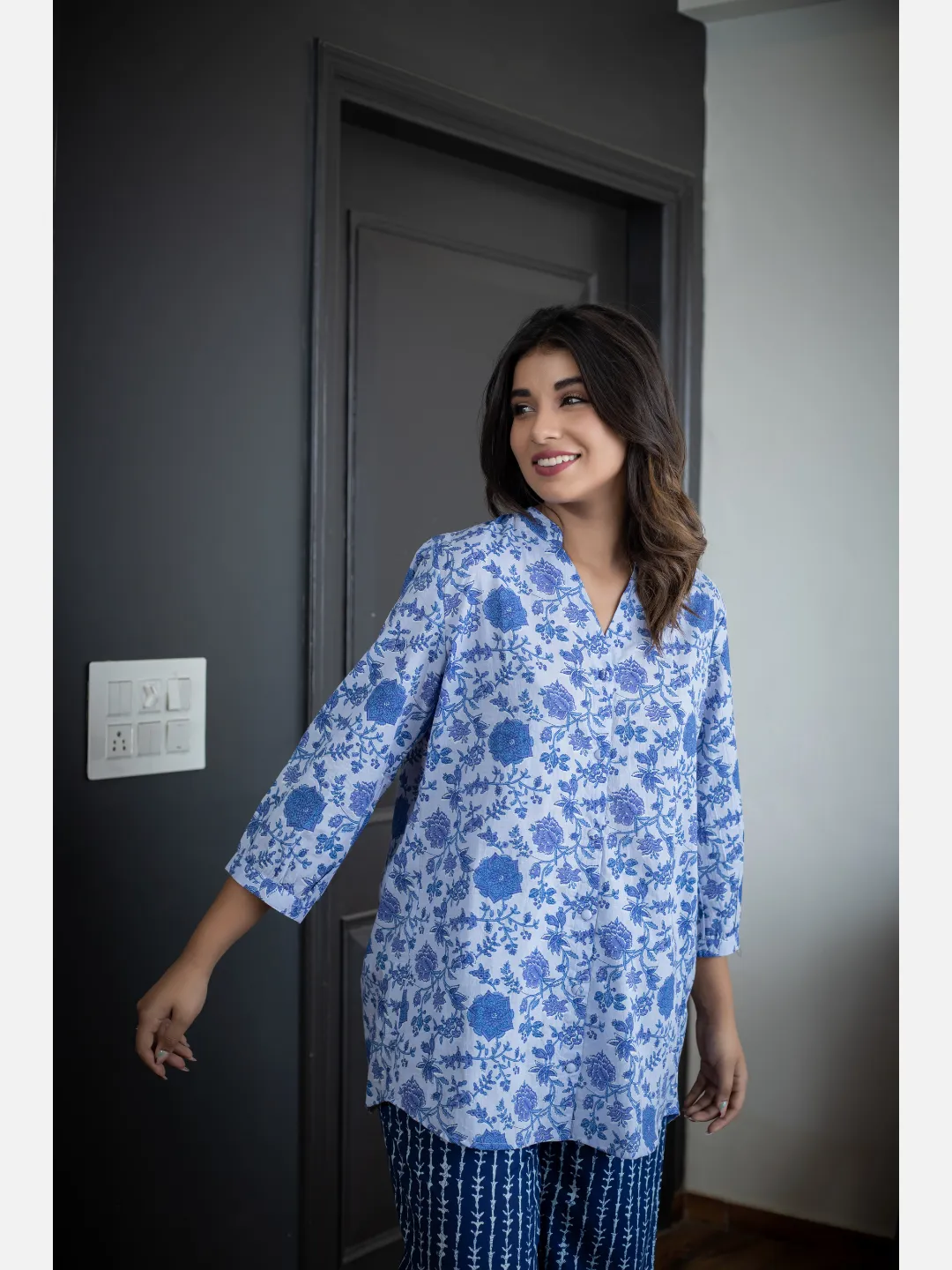 Blue Jaal Back pleated indigo Pure Cotton Shirt