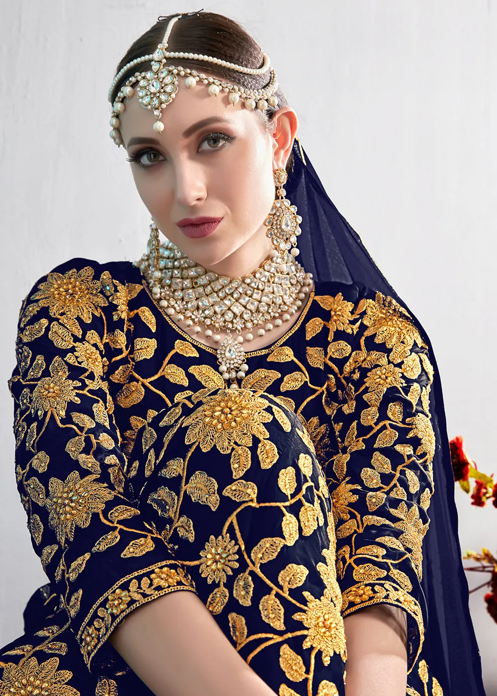 Blue Stone & Mirror Work Embroidered Anarkali Suit