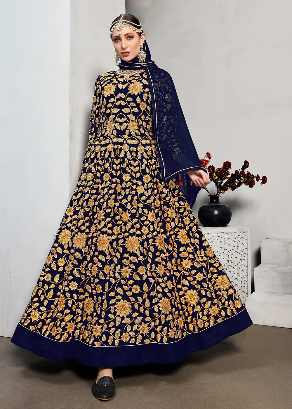Blue Stone & Mirror Work Embroidered Anarkali Suit