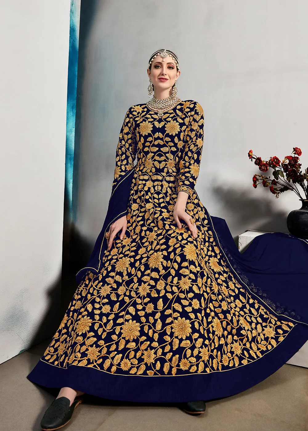 Blue Stone & Mirror Work Embroidered Anarkali Suit