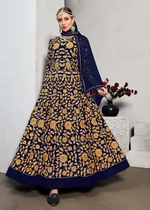 Blue Stone & Mirror Work Embroidered Anarkali Suit