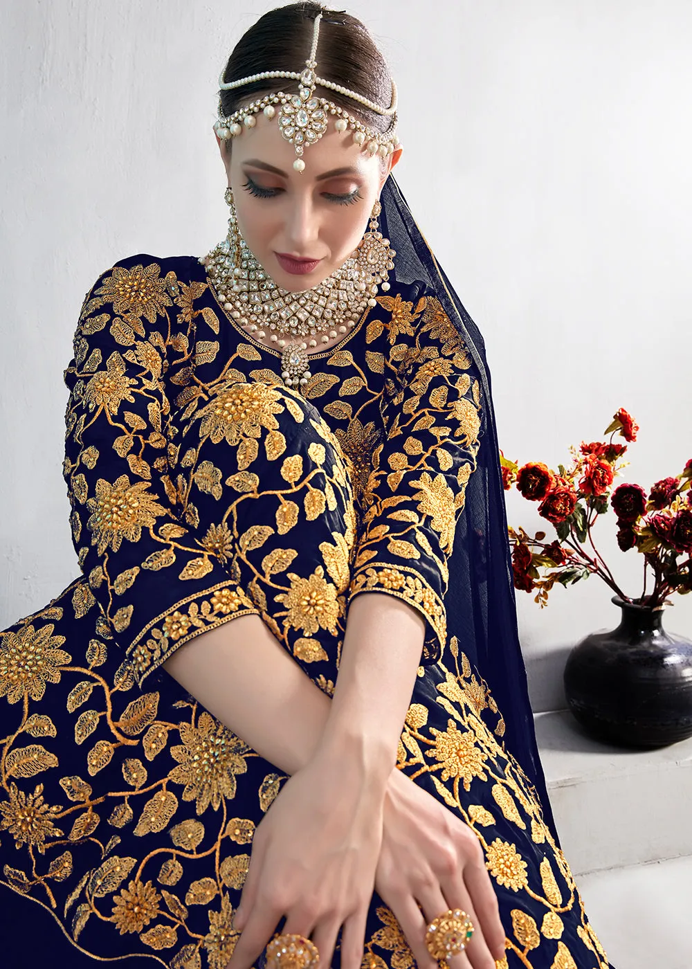 Blue Stone & Mirror Work Embroidered Anarkali Suit