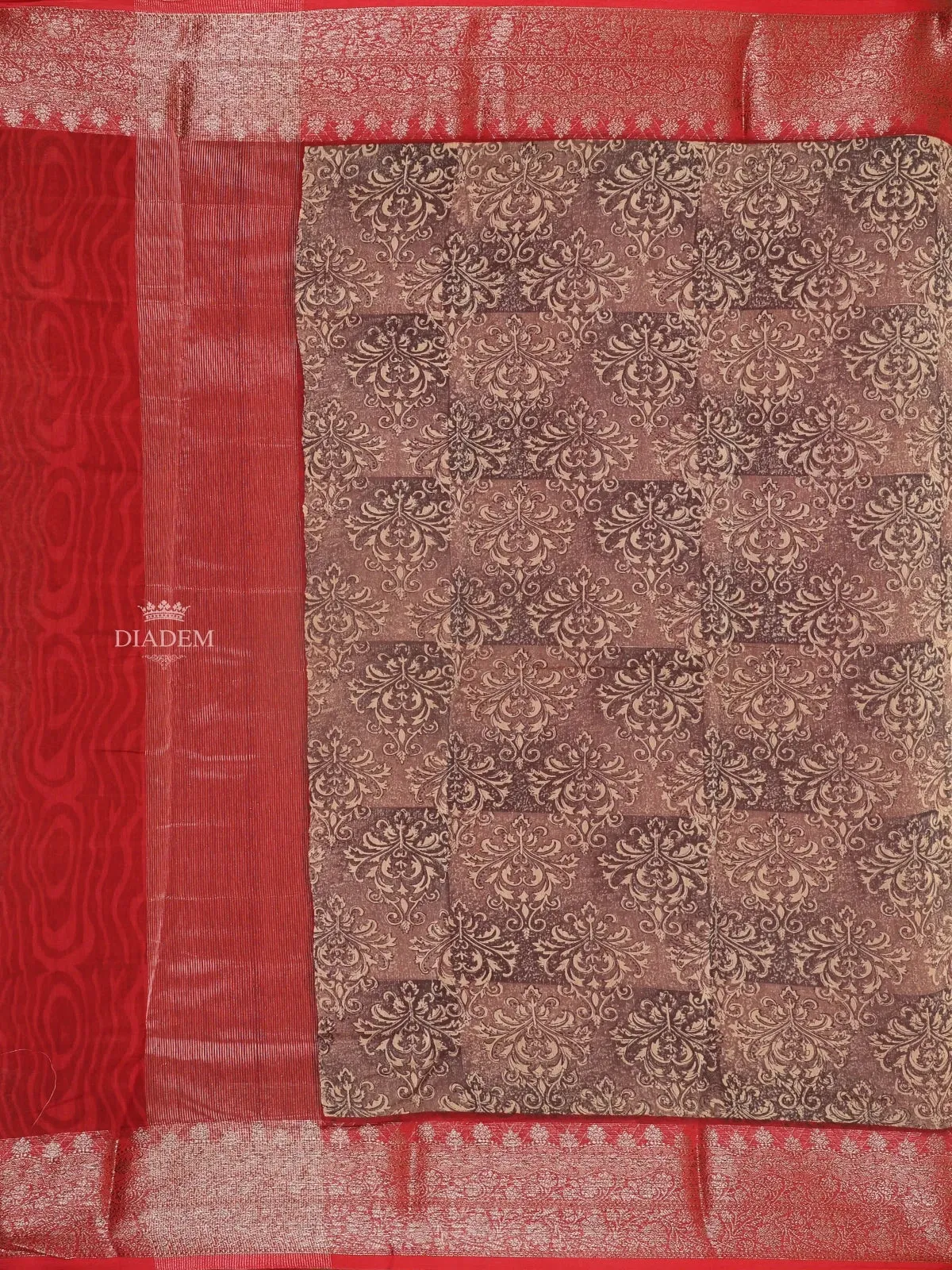 Brown Chanderi Silk Saree with Baroque Damask Design on the Body with Contrast Border