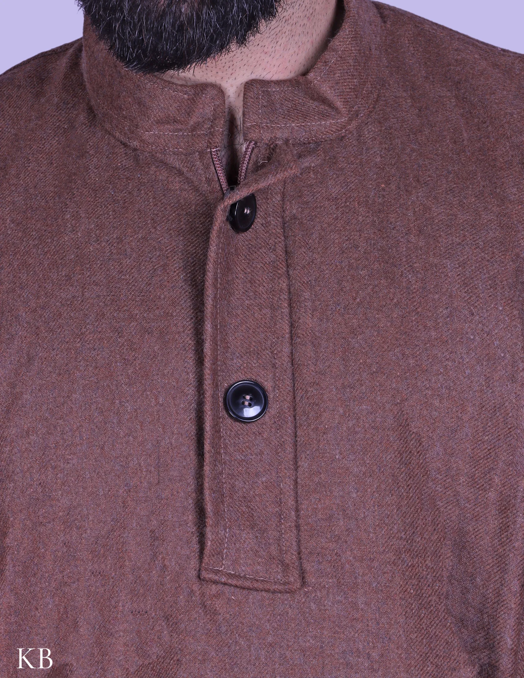 Brown Chinese Collar Tweed Phiran
