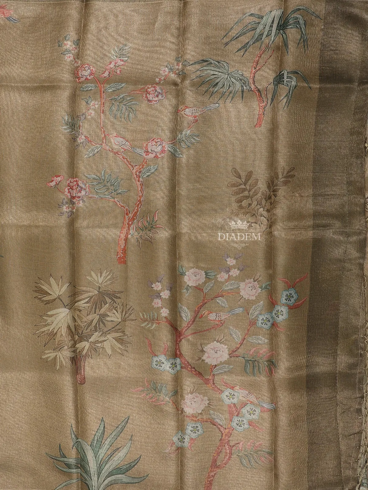 Brown Semi Tussar Silk Saree with Floral Motif on the Body without Body
