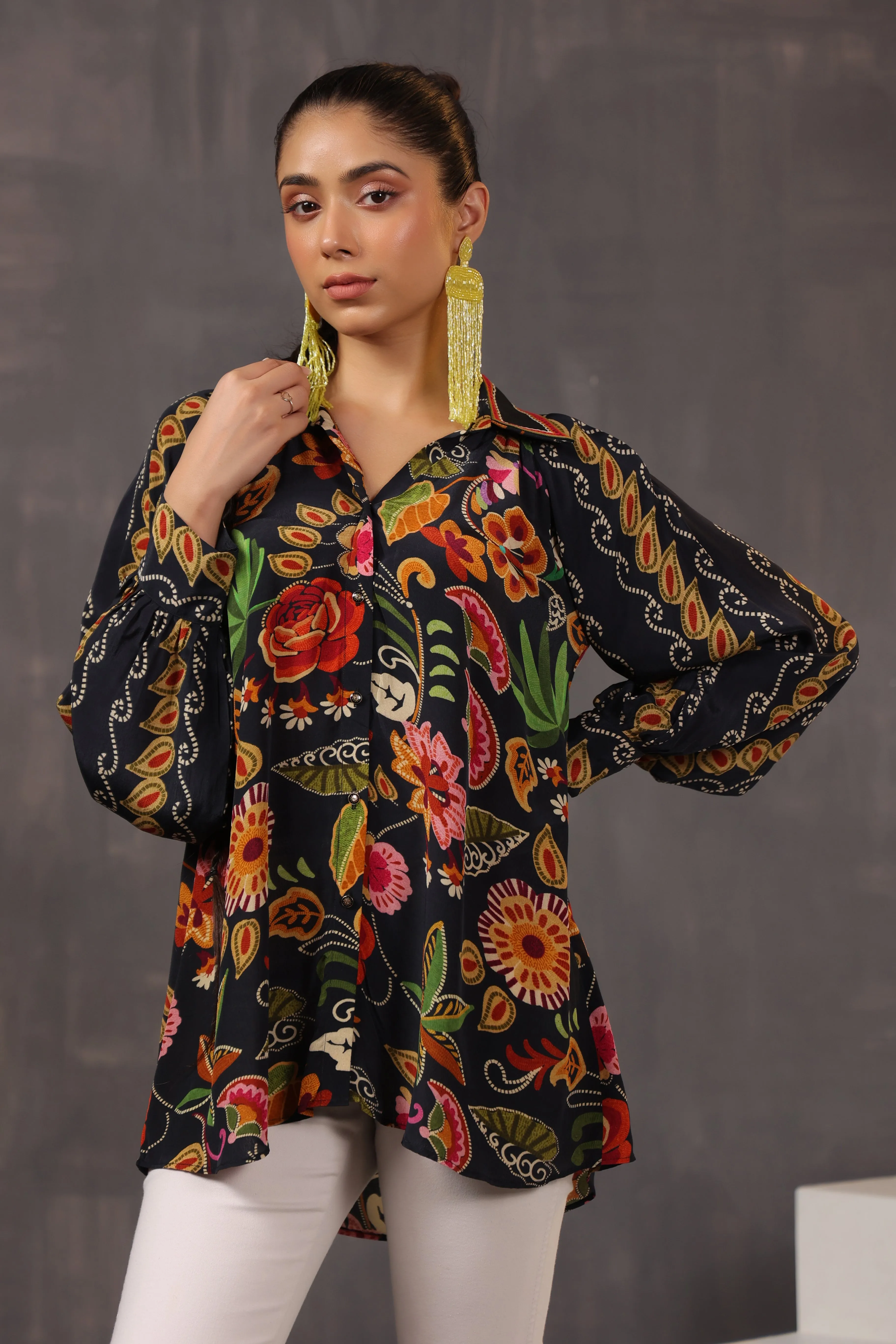 Classic Black Floral Printed Crepe Silk Top