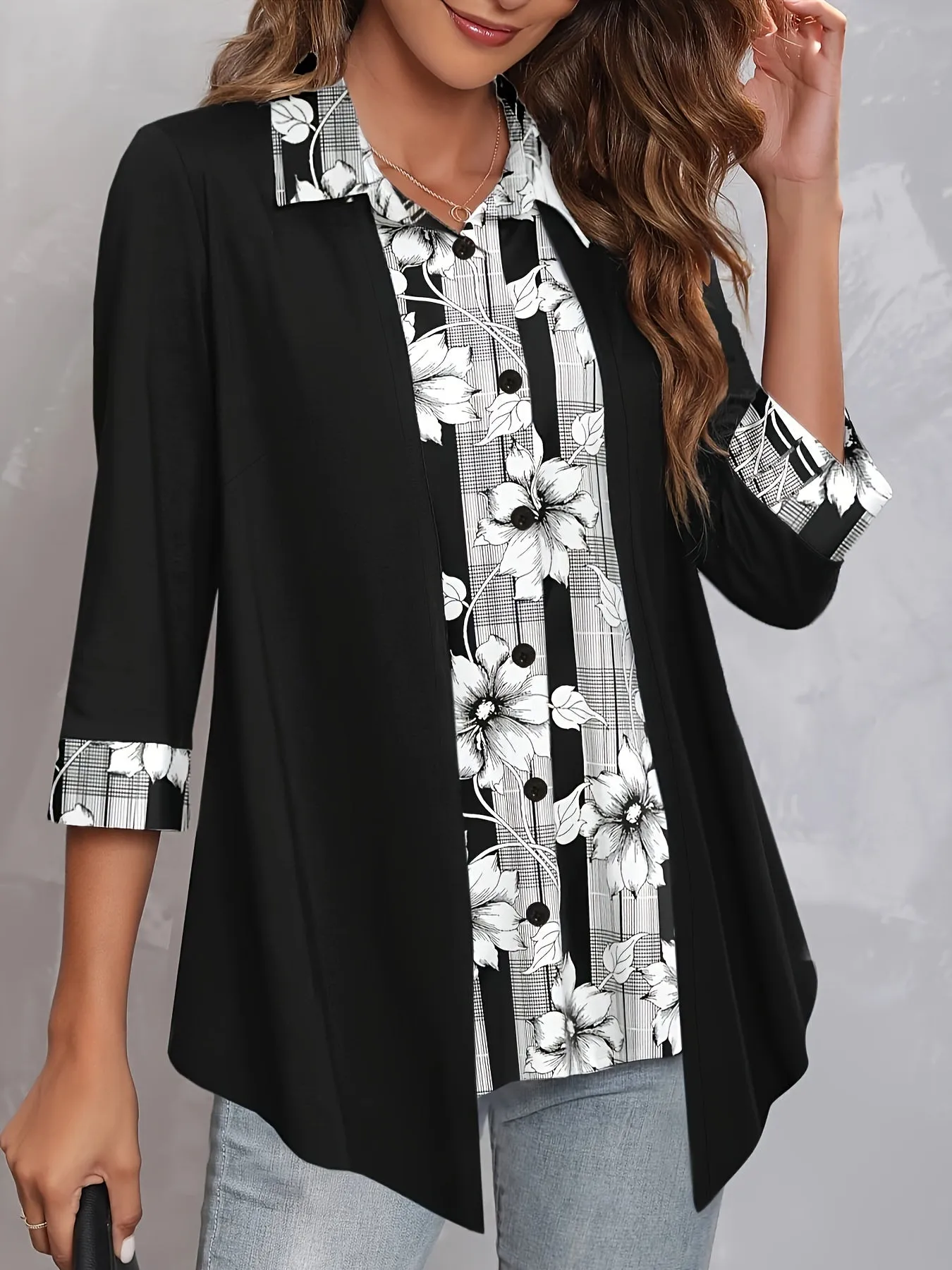 Colorblock Floral  Stripe Faux Twinset Plus Size Blouse