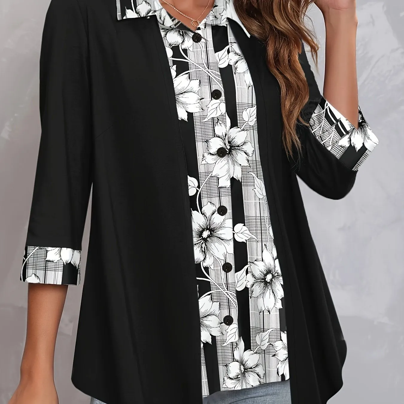 Colorblock Floral  Stripe Faux Twinset Plus Size Blouse