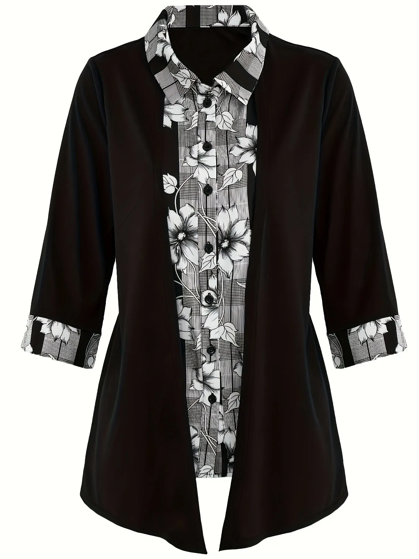 Colorblock Floral  Stripe Faux Twinset Plus Size Blouse