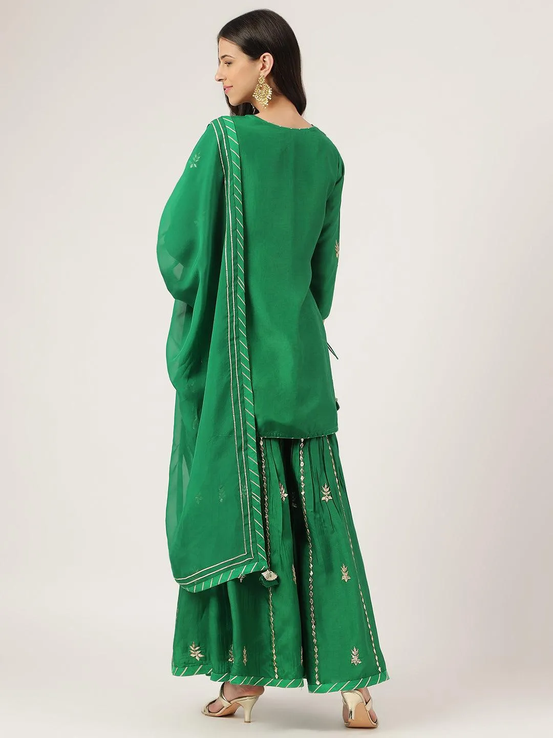 Dark Green Russian Silk Hand Embroidery Kurta Sharara With Organza Dupatta