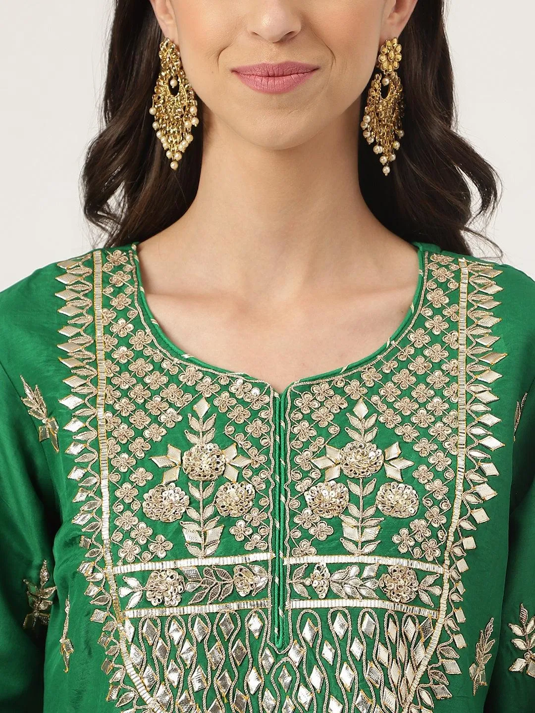 Dark Green Russian Silk Hand Embroidery Kurta Sharara With Organza Dupatta