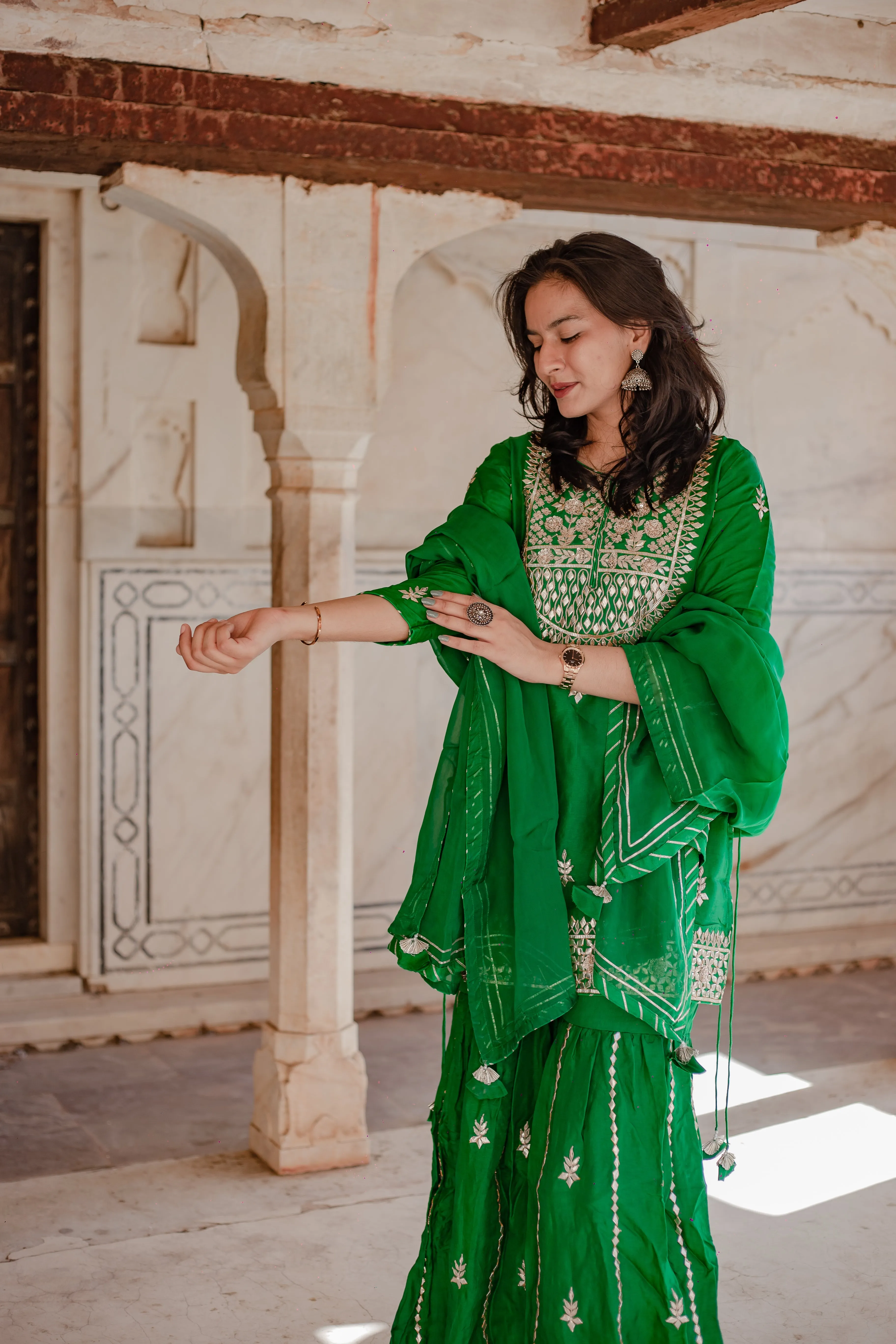 Dark Green Russian Silk Hand Embroidery Kurta Sharara With Organza Dupatta
