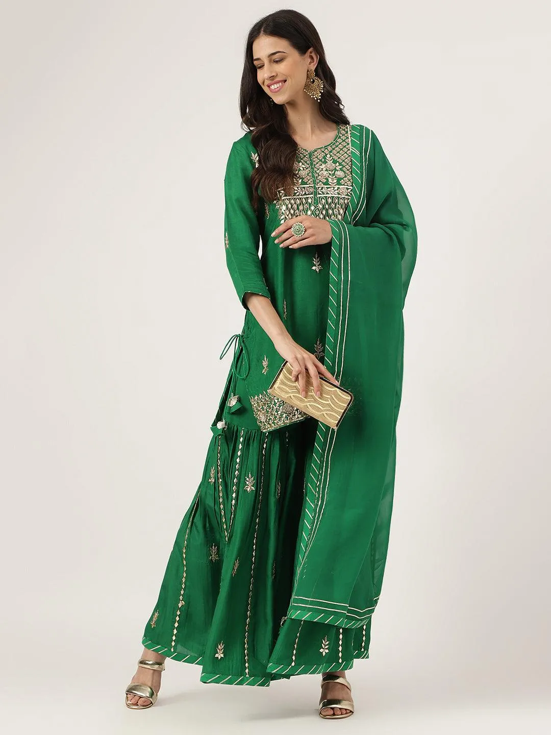 Dark Green Russian Silk Hand Embroidery Kurta Sharara With Organza Dupatta