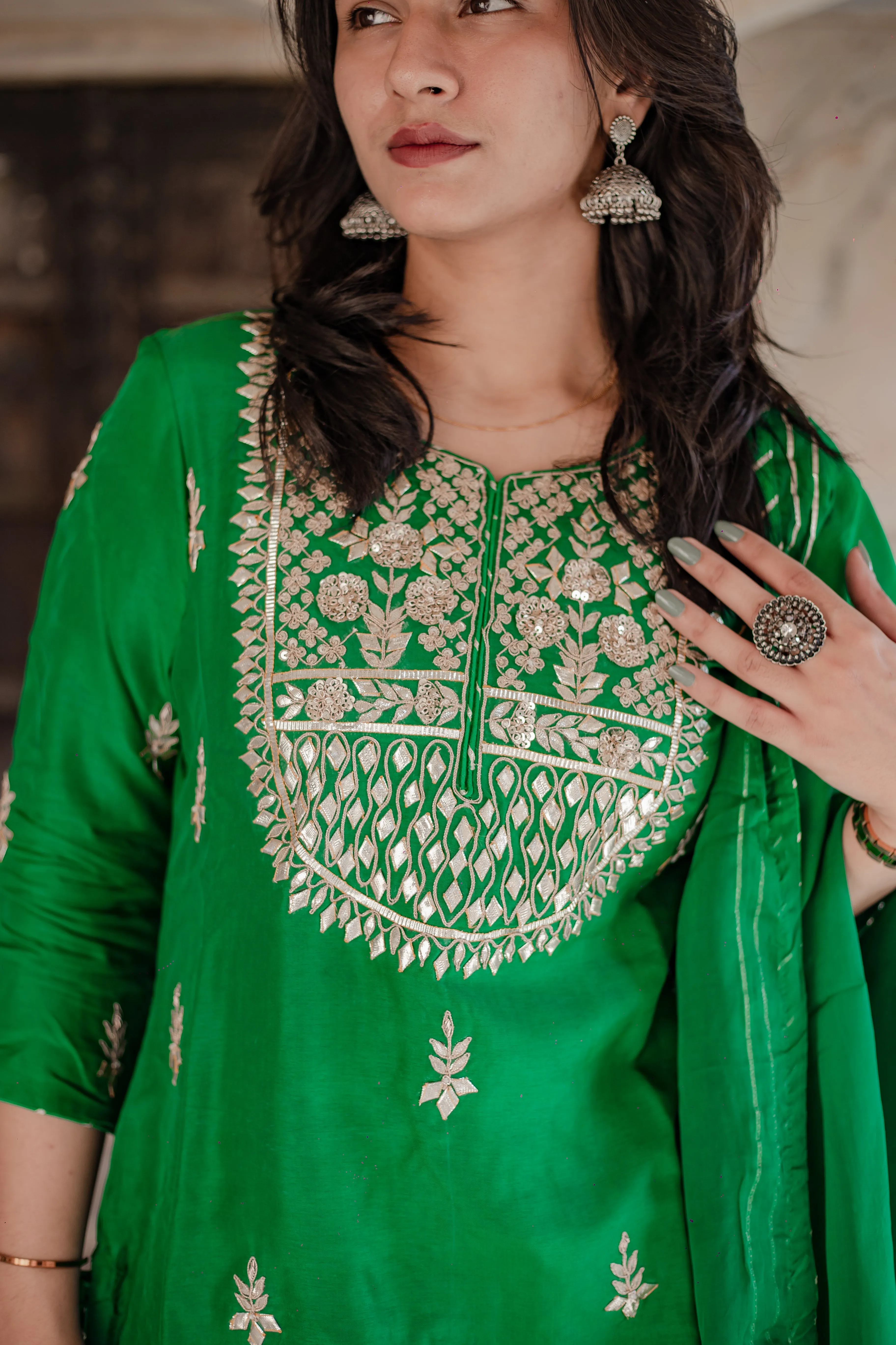 Dark Green Russian Silk Hand Embroidery Kurta Sharara With Organza Dupatta