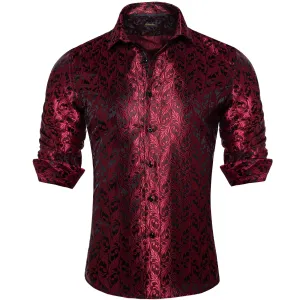 DiBanGu Tuxedo Shirt Burgundy Red Floral Silk Button Down Men's Dress Shirt