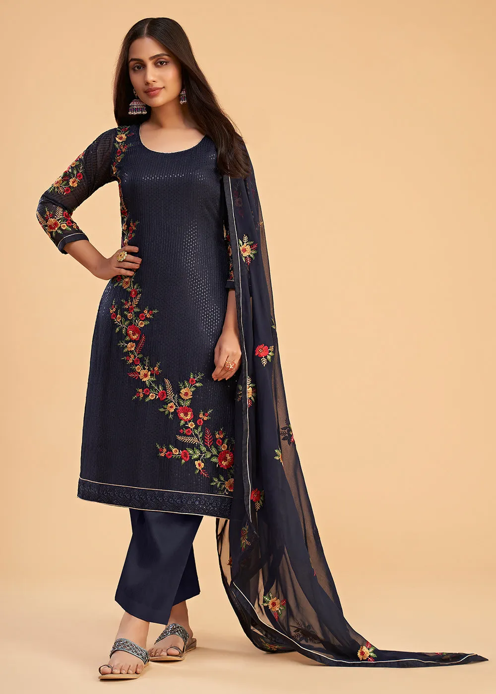 Floral Embroidered Navy Blue Indian Wedding Wear Salwar Suit