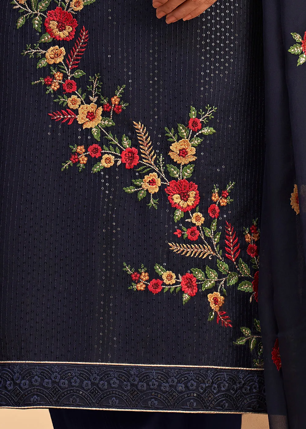 Floral Embroidered Navy Blue Indian Wedding Wear Salwar Suit