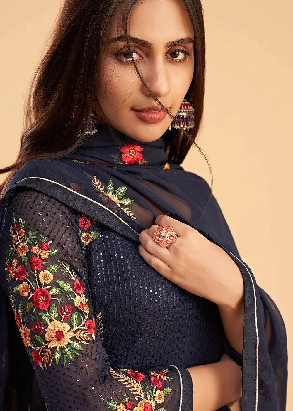 Floral Embroidered Navy Blue Indian Wedding Wear Salwar Suit