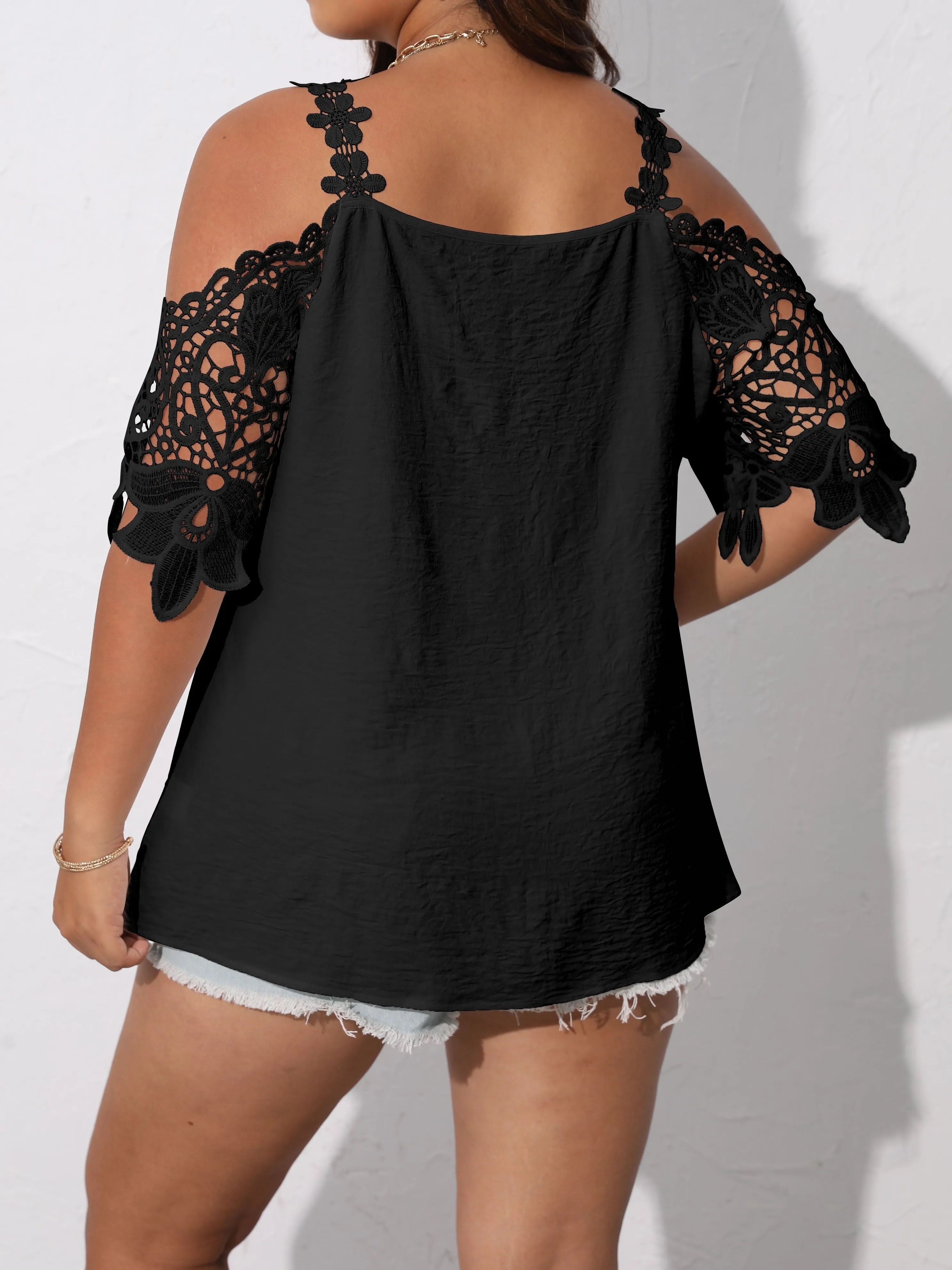 Floral Jacquard Cold Shoulder Plus Size Sheer Blouse