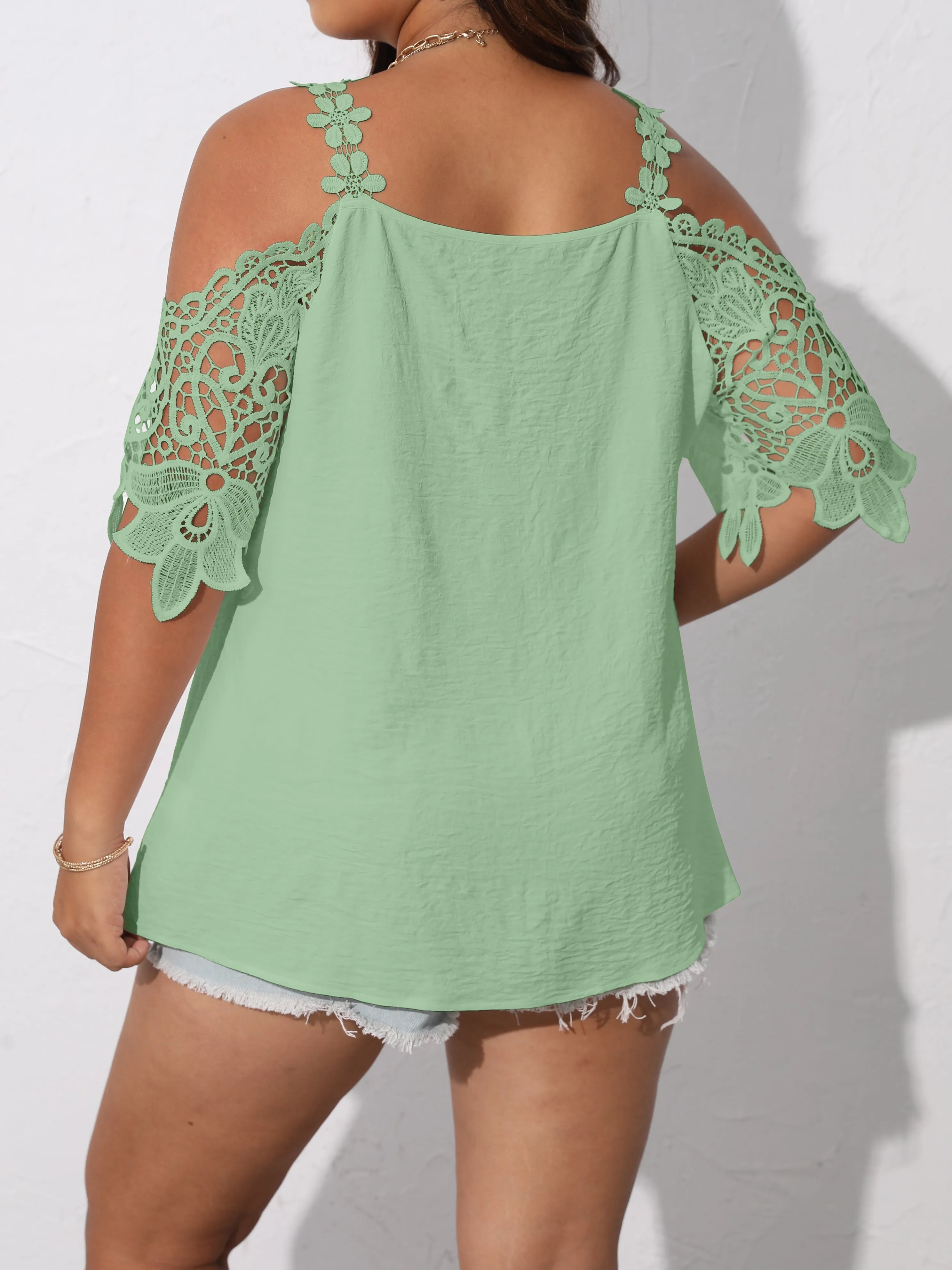 Floral Jacquard Cold Shoulder Plus Size Sheer Blouse