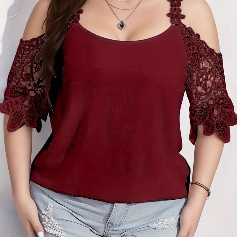 Floral Jacquard Cold Shoulder Plus Size Sheer Blouse