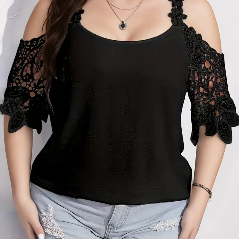 Floral Jacquard Cold Shoulder Plus Size Sheer Blouse