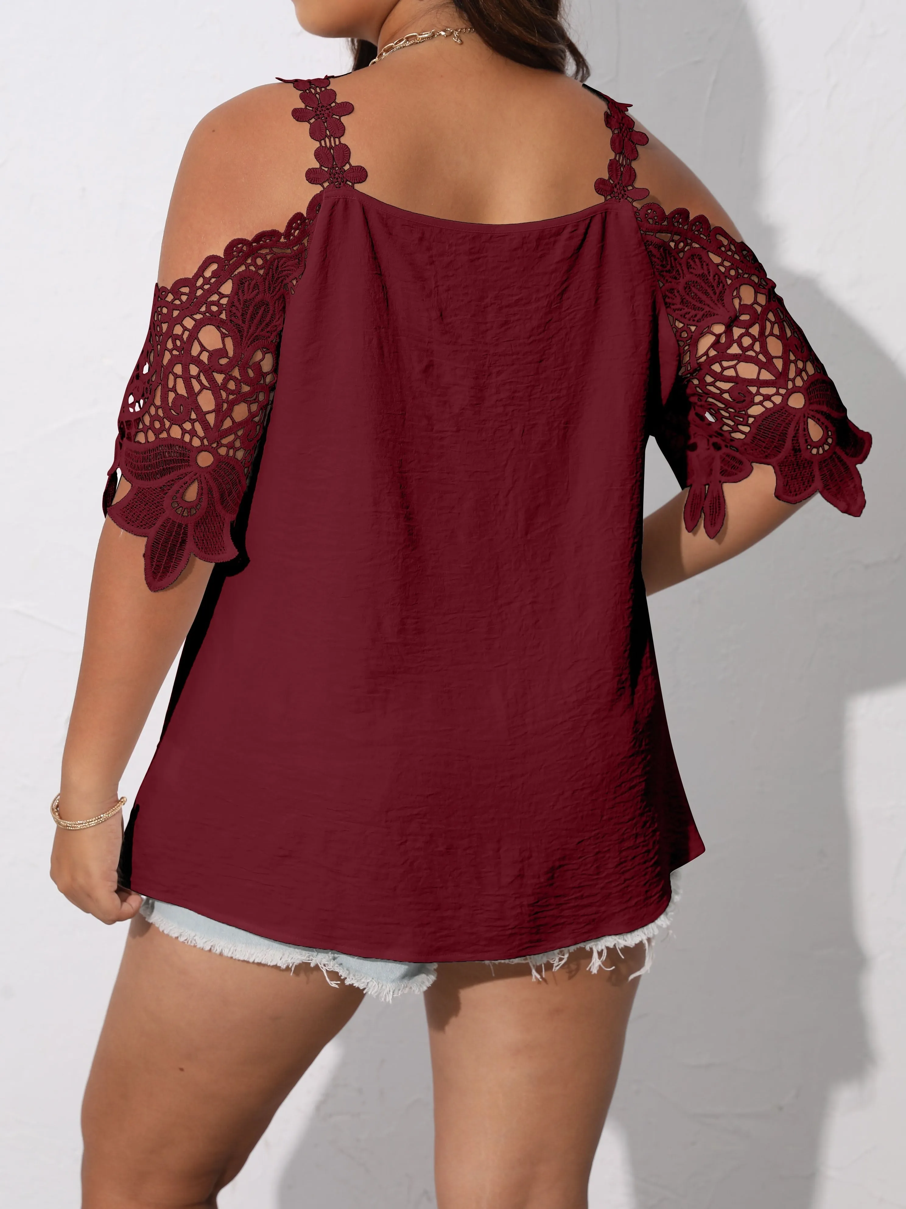 Floral Jacquard Cold Shoulder Plus Size Sheer Blouse