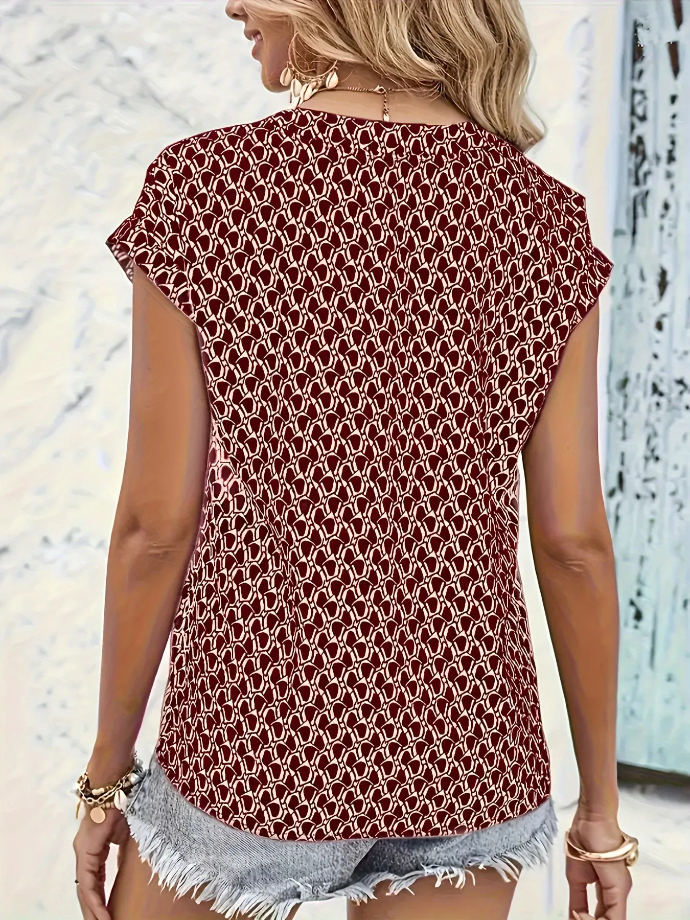 Geometric Print Plus Size Short Sleeve Blouse for Women