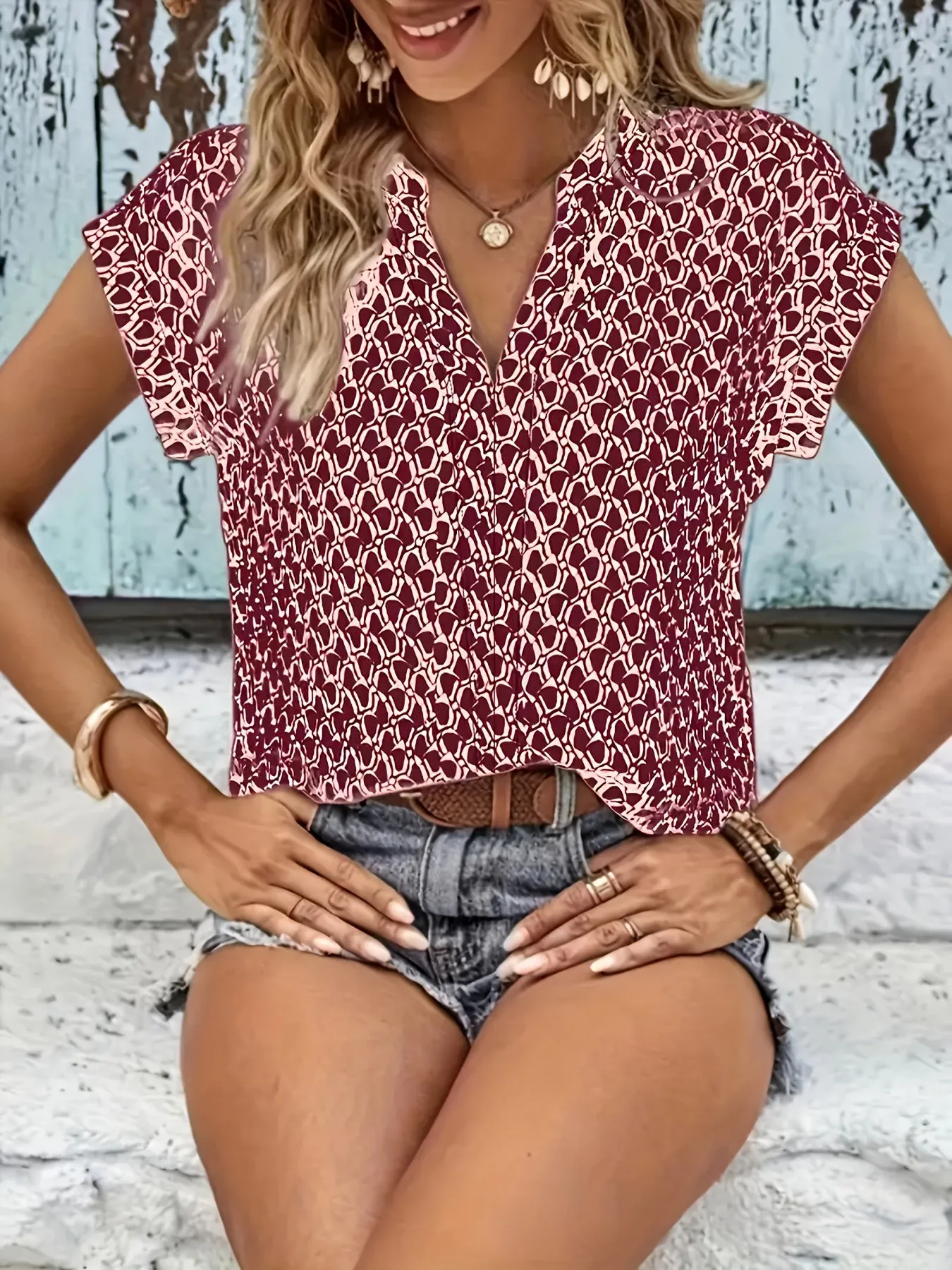 Geometric Print Plus Size Short Sleeve Blouse for Women