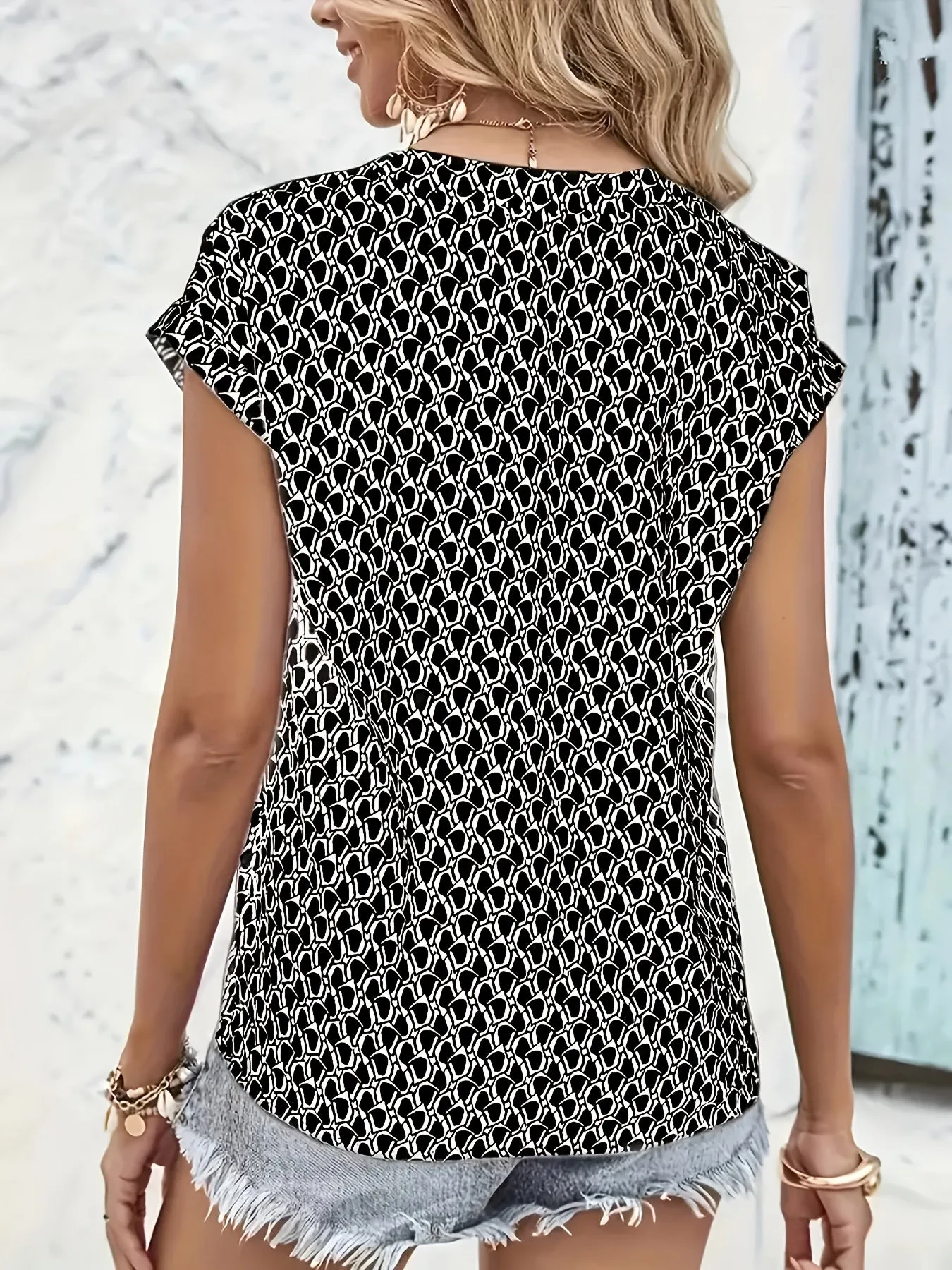 Geometric Print Plus Size Short Sleeve Blouse for Women