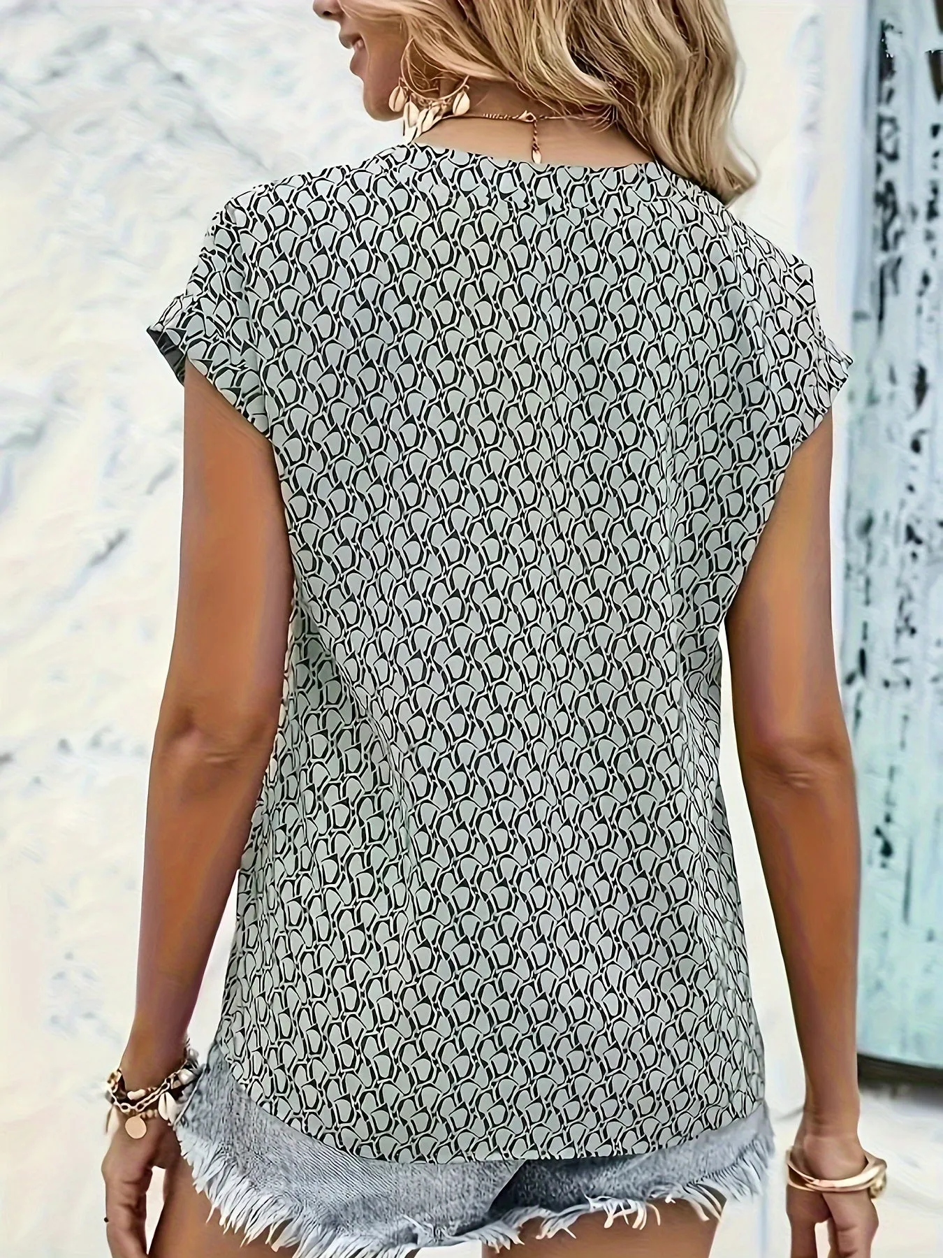 Geometric Print Plus Size Short Sleeve Blouse for Women