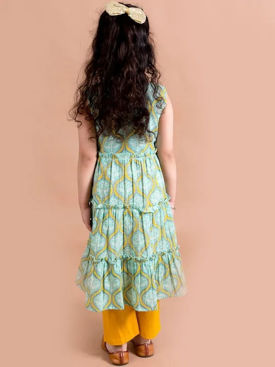 Girls Green Printed Pure Cotton Kurta With Trousers