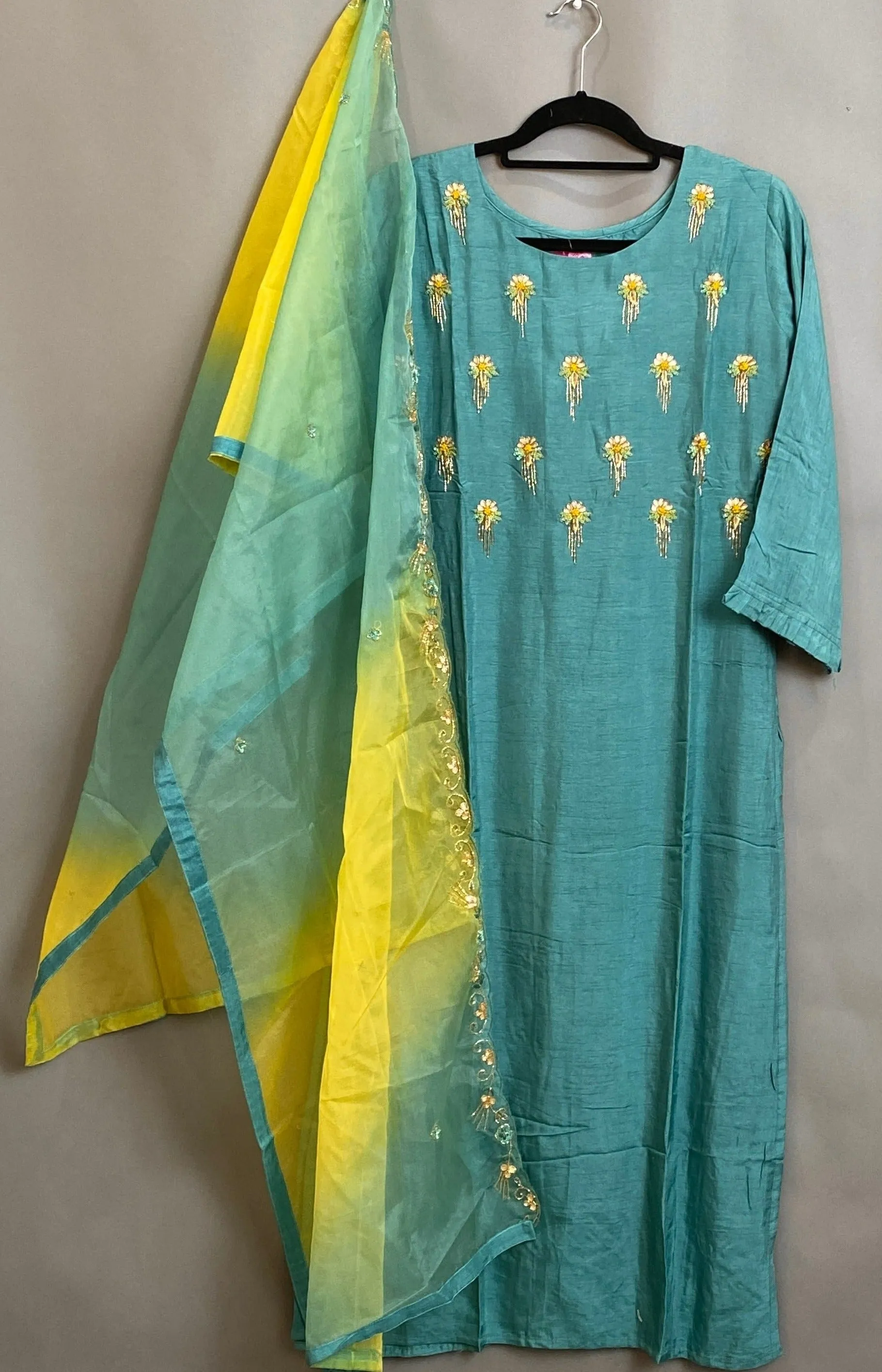 Green and Yellow Straight Kurti With Organza Dupatta